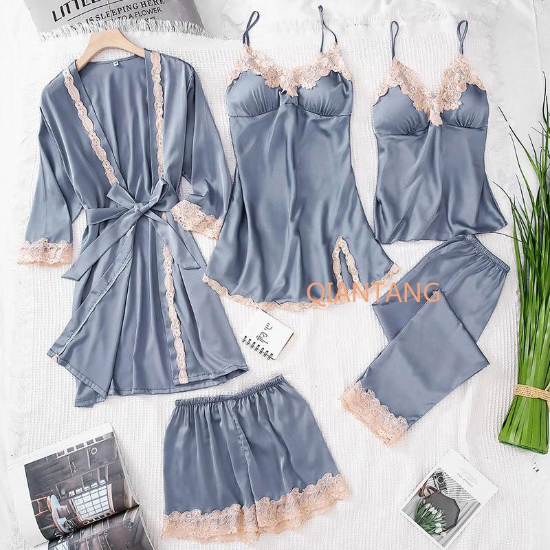 5pcs V-Neck Nightwear Pajamas Sets Bride Wedding Nightwear Sexy Womens Lace Sleepwear Sleep Suit Spring Casual Satin Pijamas