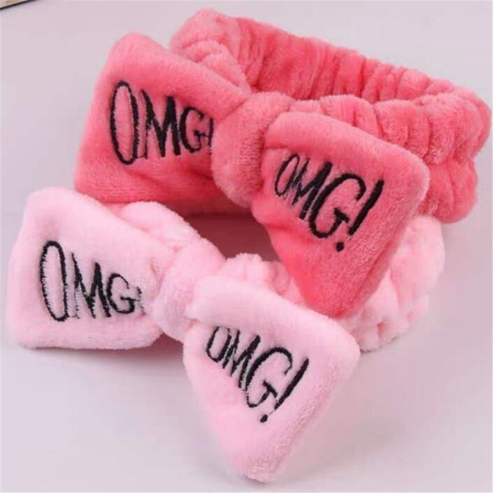 Elastic OMG Letters Bow Hairbands For Women Girls Coral Fleece Makeup Headband Hair Bands Wash Face Headwear Hair Accessories