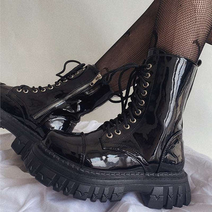 2022 Winter New Women Boots Luxury Zip Brand Design Black Punk Goth Platform Chelsea Fashion Fighting Lace-up Bike Buty Damskie