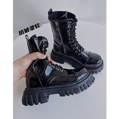 2022 Winter New Women Boots Luxury Zip Brand Design Black Punk Goth Platform Chelsea Fashion Fighting Lace-up Bike Buty Damskie