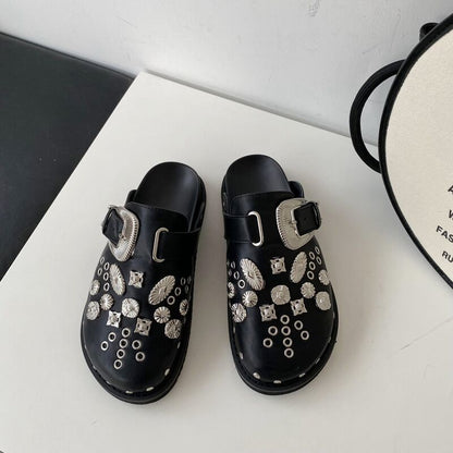 Summer Women Shoes Punk Metal Rivet Charms Black PU Mules Slip On Outdoor Platform Modern Slippers Casual Shoes For Female