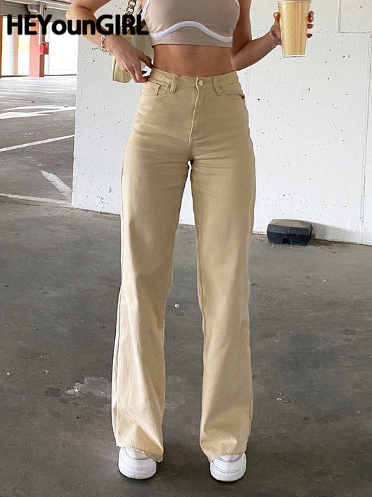 HEYounGIRL Khaki Casual High Waist Jeans Women Pocket Elegant Straight Denim Trousers Fashion Solid Pants Capris Summer 2022