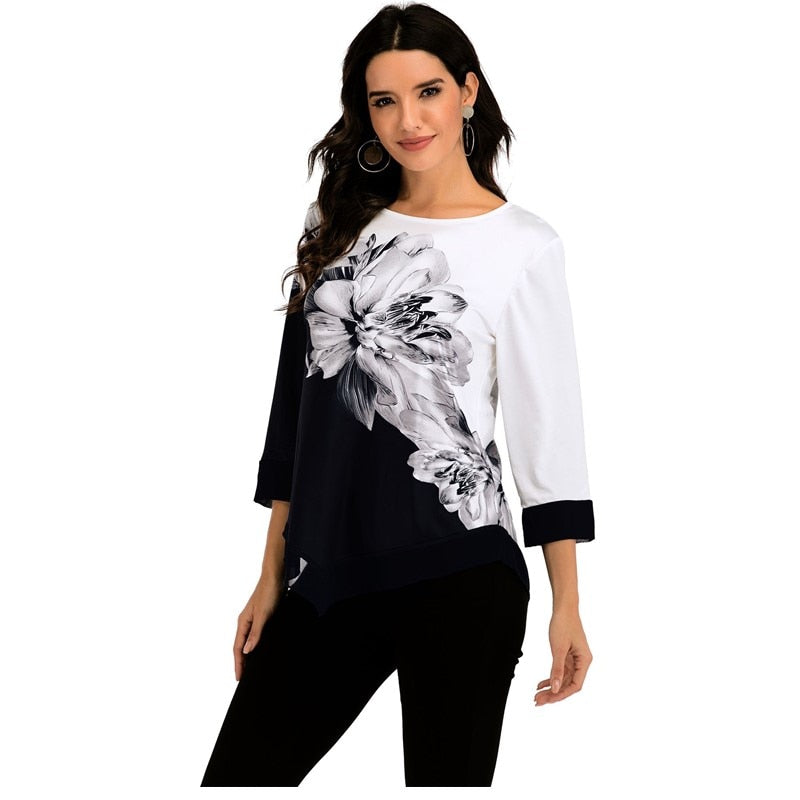 Women's Floral Blouse 3/4 Sleeve Casual Hem Irregularity Female fashion shirt Tops Oversized