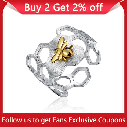 Lotus Fun Real 925 Sterling Silver 18K Gold Bee Rings Natural Designer Fine Jewelry Home Guard Honeycomb Open Ring for Women