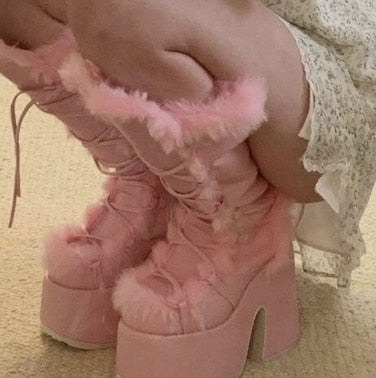 White Fur High Platform Boots High Chunky Heel Round Toe Mid Calf Boots Elegant Women Casual Outfit Winter Cross Tied Shoes