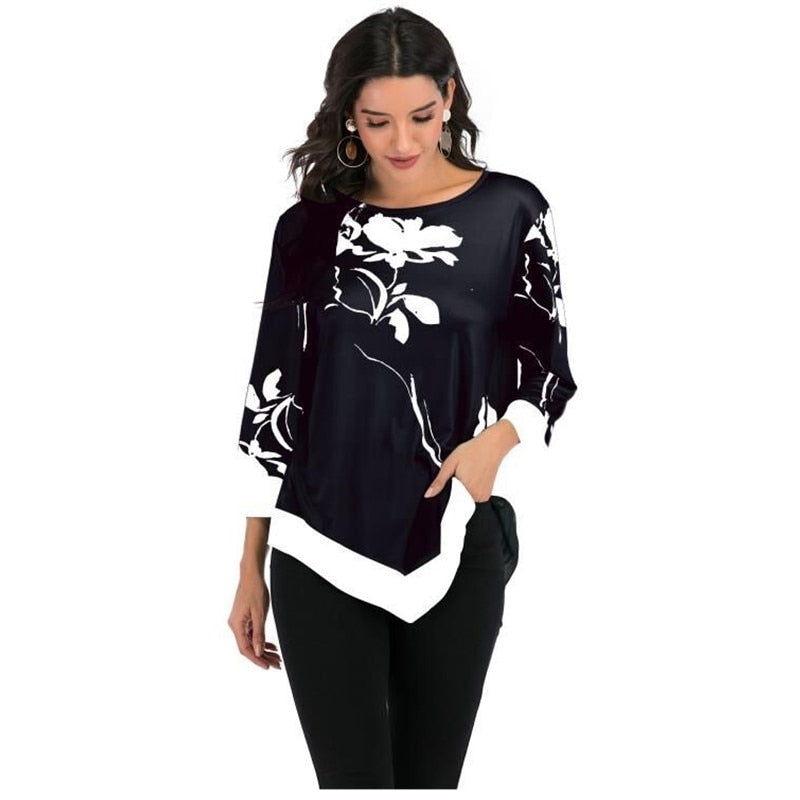 Women's Floral Blouse 3/4 Sleeve Casual Hem Irregularity Female fashion shirt Tops Oversized