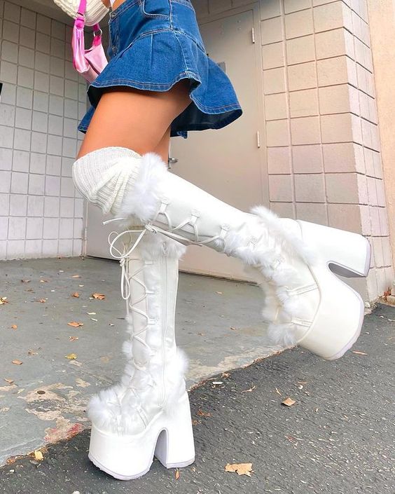 White Fur High Platform Boots High Chunky Heel Round Toe Mid Calf Boots Elegant Women Casual Outfit Winter Cross Tied Shoes