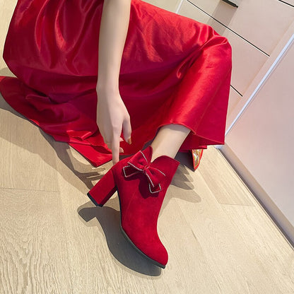 Women&#39;s Wedding High Heels Sexy Fashion Bow 2022 Winter New Warm Plush Ankle Boots Zipper Fleece Lined Pointed Toe Botas Mujer