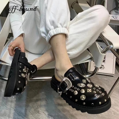 Summer Women Shoes Punk Metal Rivet Charms Black PU Mules Slip On Outdoor Platform Modern Slippers Casual Shoes For Female