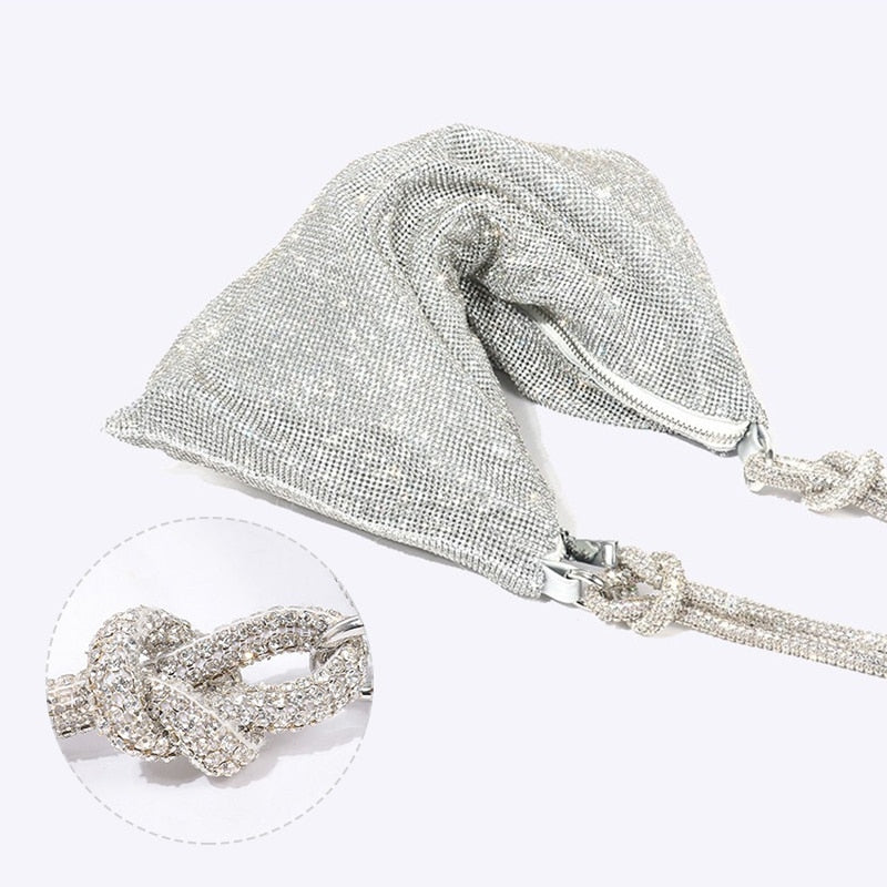 Full Rhinestone Evening Bag Silver Shiny Hobo Bag Crystal Purses and Handbags Knot Handle with Earring Dinner Party Wedding XA2H