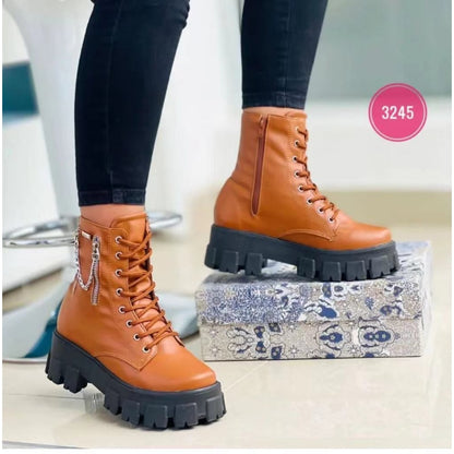 2022 Winter Trend Women's Boots Patent Leather Zipper Warm Punk Gothic Combat Boots Lace Up Sports Casual Thick Sole Biker Boots