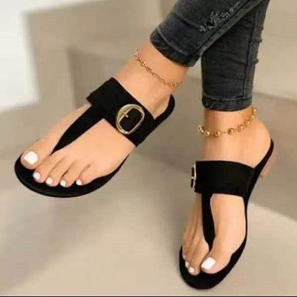 Sandals Women 2022 Summer New Beach Flip Flop Fashion Buckle Strap Flat Metal Decor Clip-toe Roman Shoes Casual Outdoor Sandals