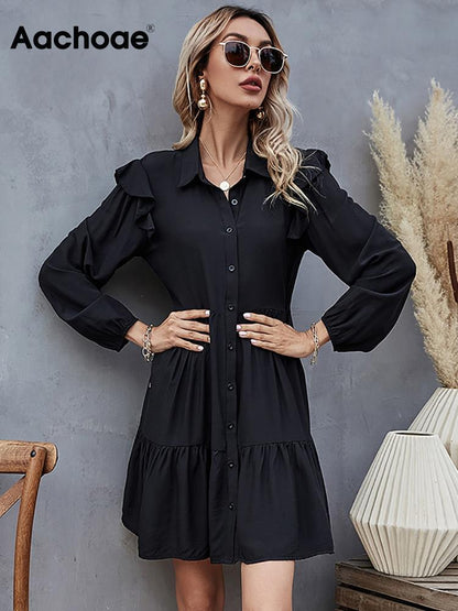 Aachoae Summer Autumn Women Black Dress Ruffles Long Sleeve Elegant Shirt Dress Loose Casual Pleated Mini Dress Sundress Robe