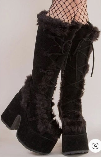 White Fur High Platform Boots High Chunky Heel Round Toe Mid Calf Boots Elegant Women Casual Outfit Winter Cross Tied Shoes