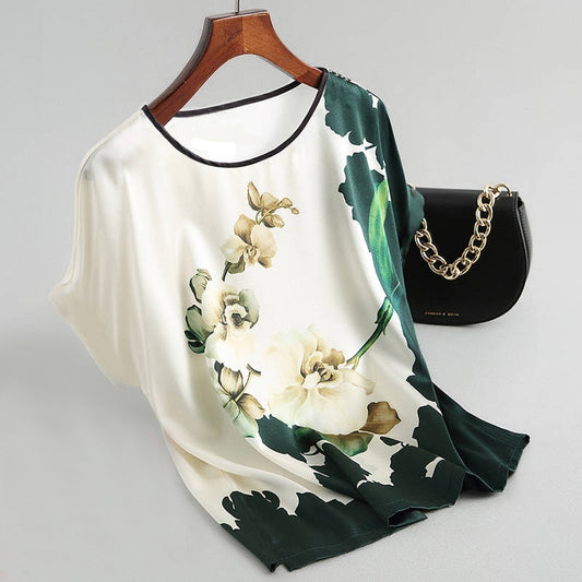 Fashion Floral Print Blouse Pullover Ladies Silk Satin Blouses Plus Size Batwing Sleeve Vintage Print Casual Short Sleeve Tops