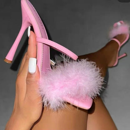 Women&#39;s Sexy High Heels Pink Plush Fashion Sandals 2022 Summer New Pointed Fish Mouth Shoes Design Women&#39;s Stiletto High Heels