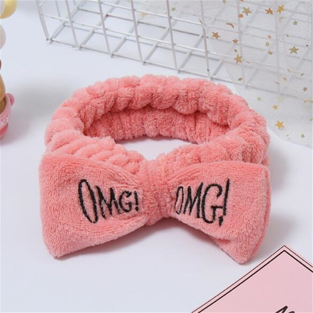 Elastic OMG Letters Bow Hairbands For Women Girls Coral Fleece Makeup Headband Hair Bands Wash Face Headwear Hair Accessories