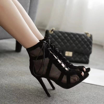 Fashion Mesh Suede Fabric Lace Up High Heel Sandal Boots