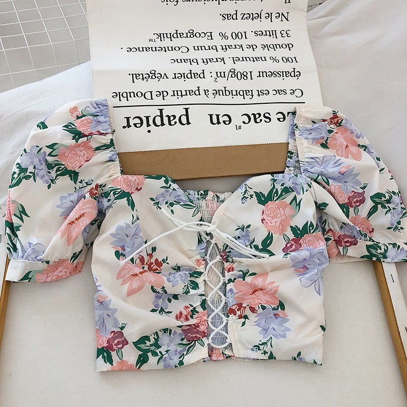 Ins Fashion Women Floral Print  Drawstring Blouses Shirt Women Short Sleeve French Vintage Bandage Lace Tops Female Blusas