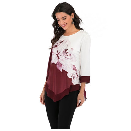 Women's Floral Blouse 3/4 Sleeve Casual Hem Irregularity Female fashion shirt Tops Oversized