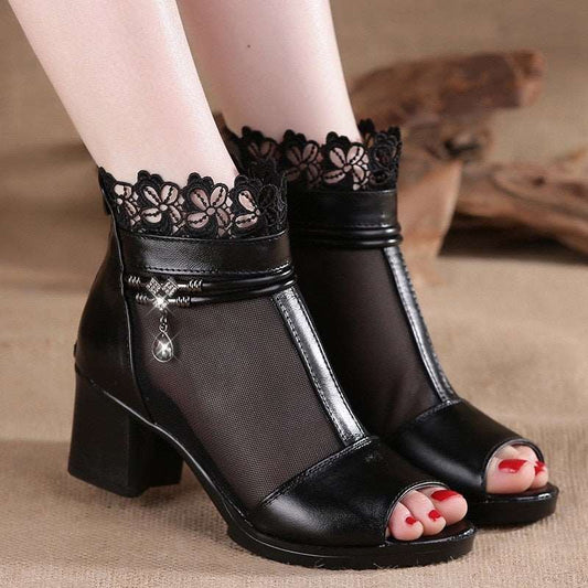 2022 Summer New Fish Mouth Sandals Open Toe Mesh Zipper Thick High Heels Sexy Party Rhinestone Leather Women Boots Plus Size 40