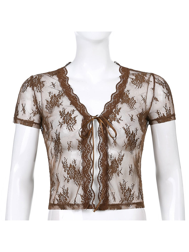Sweetown Brown Vintage New Lace Crop Top Short Sleeve See Through Sexy Mesh Woman Tshirts V Neck Lace Up Floral Kawaii Clothes