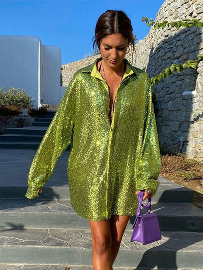 Glitter Blouses Long Sleeve Top Sequin Shirts Women Y2K Solid Shirt Autumn Winter 2022 Chic Streetwear Green V Neck Blouse