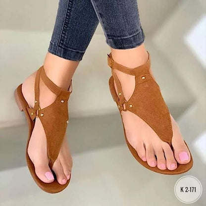 Sandals Women 2022 Summer New Beach Flip Flop Fashion Buckle Strap Flat Metal Decor Clip-toe Roman Shoes Casual Outdoor Sandals