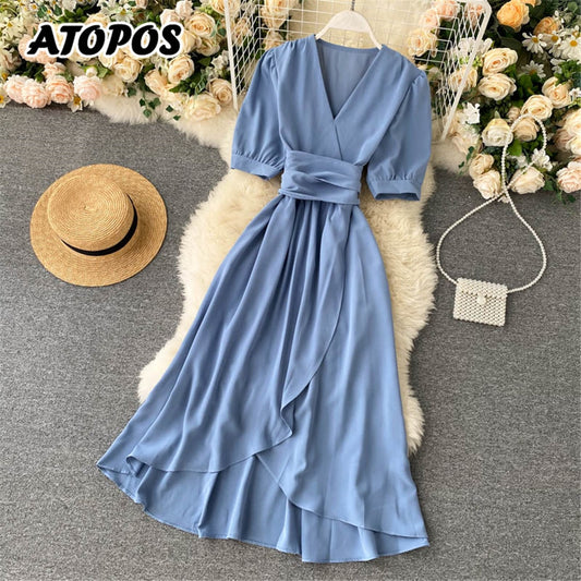 Women's Summer Midi Dress Sweet Elegant Woman V Neck Puff Sleeve Sundress