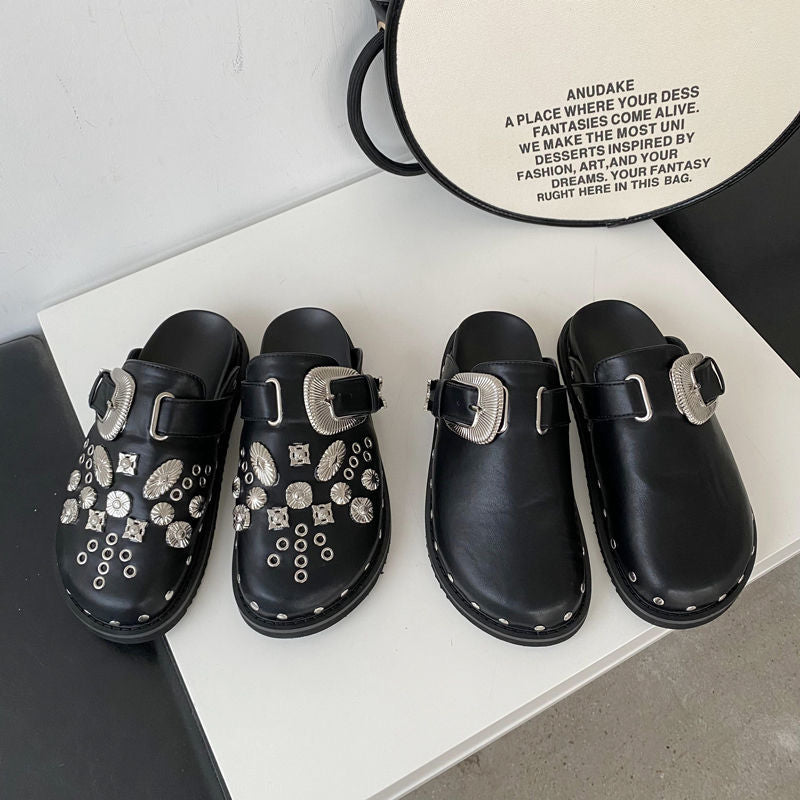 Summer Women Shoes Punk Metal Rivet Charms Black PU Mules Slip On Outdoor Platform Modern Slippers Casual Shoes For Female