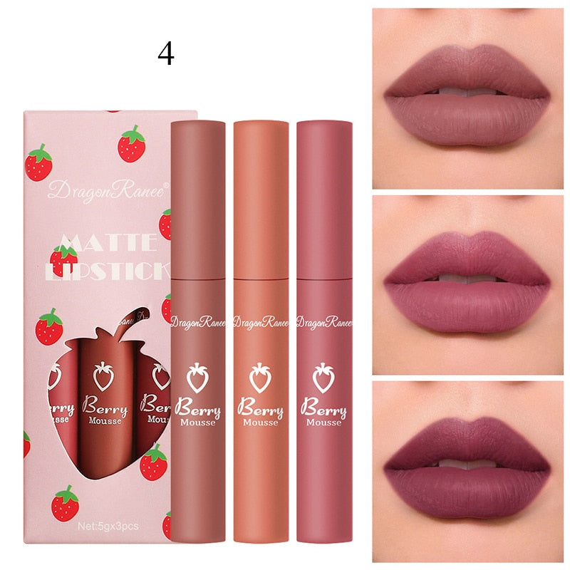 3 Pcs Sweet Liquid Lipstick Set Matte Velvet Lip Glaze Waterproof Long Lasting Non-marking Natural Lip Tint Cosmetic Kit YZL1