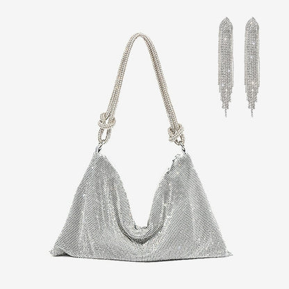 Full Rhinestone Evening Bag Silver Shiny Hobo Bag Crystal Purses and Handbags Knot Handle with Earring Dinner Party Wedding XA2H