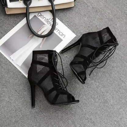 Fashion Mesh Suede Fabric Lace Up High Heel Sandal Boots