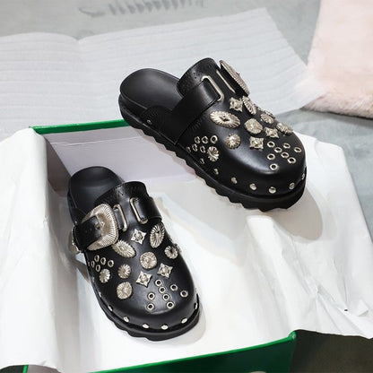 Summer Women Shoes Punk Metal Rivet Charms Black PU Mules Slip On Outdoor Platform Modern Slippers Casual Shoes For Female