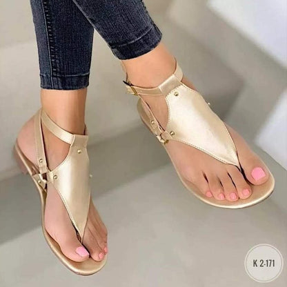 Sandals Women 2022 Summer New Beach Flip Flop Fashion Buckle Strap Flat Metal Decor Clip-toe Roman Shoes Casual Outdoor Sandals