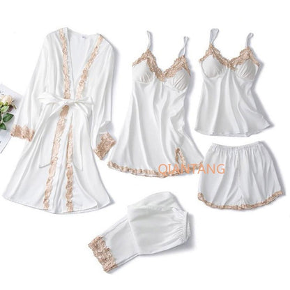 5pcs V-Neck Nightwear Pajamas Sets Bride Wedding Nightwear Sexy Womens Lace Sleepwear Sleep Suit Spring Casual Satin Pijamas