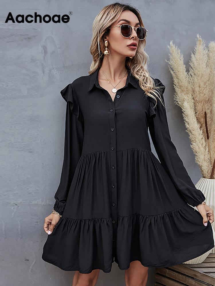 Aachoae Summer Autumn Women Black Dress Ruffles Long Sleeve Elegant Shirt Dress Loose Casual Pleated Mini Dress Sundress Robe