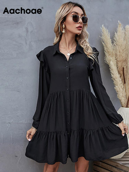 Aachoae Summer Autumn Women Black Dress Ruffles Long Sleeve Elegant Shirt Dress Loose Casual Pleated Mini Dress Sundress Robe