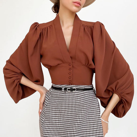 Women&#39;s Sexy Deep V Neck Shirt 2022 Summer Three Quarter Lantern Sleeve Crop Tops Woman Female Fashion Solid Slim Shirts Blouses