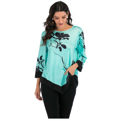 Women's Floral Blouse 3/4 Sleeve Casual Hem Irregularity Female fashion shirt Tops Oversized