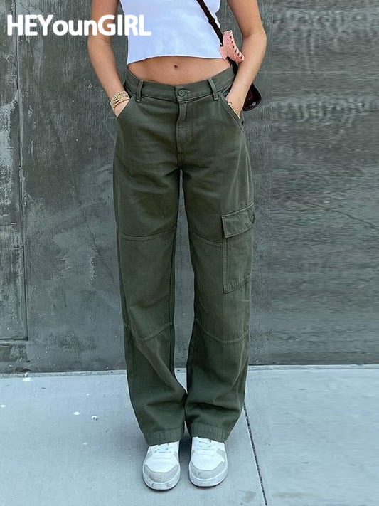 HEYounGIRL Casual Vintage Green Cargo Pants Women Fashion Cotton High Waist Jeans Army Military Denim Trousers Ladies Pockets