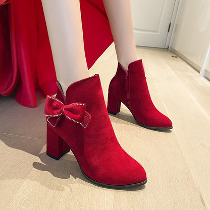 Women&#39;s Wedding High Heels Sexy Fashion Bow 2022 Winter New Warm Plush Ankle Boots Zipper Fleece Lined Pointed Toe Botas Mujer