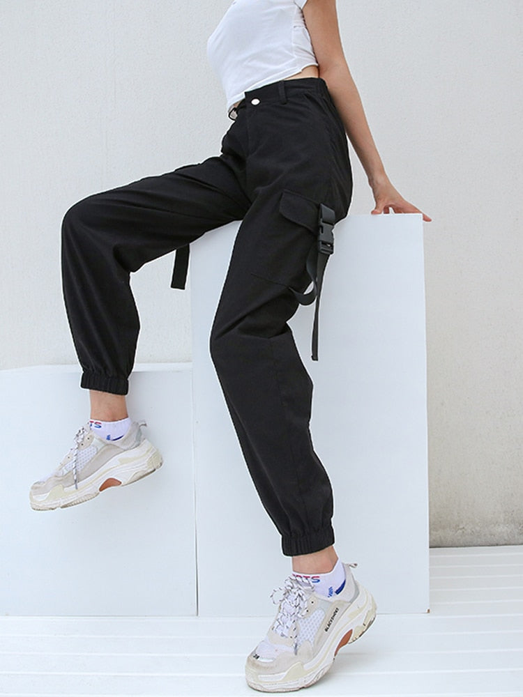HEYounGIRL Streetwear Khaki Cargo Pants Women Capri Casual High Waist Trousers Black Harajuku Womens Pants Parchwork with Buckle