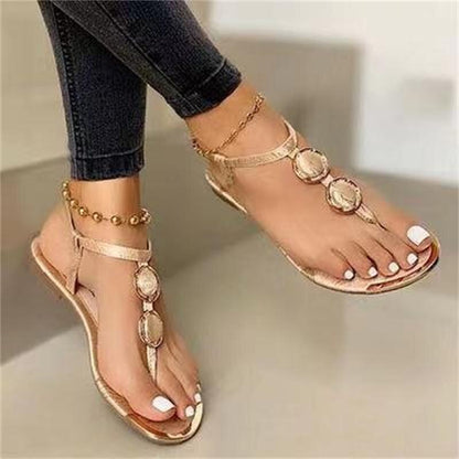 Sandals Women 2022 Summer New Beach Flip Flop Fashion Buckle Strap Flat Metal Decor Clip-toe Roman Shoes Casual Outdoor Sandals