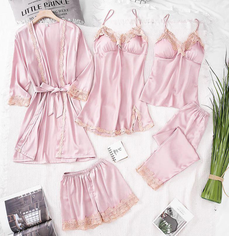 5pcs V-Neck Nightwear Pajamas Sets Bride Wedding Nightwear Sexy Womens Lace Sleepwear Sleep Suit Spring Casual Satin Pijamas