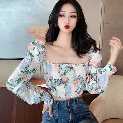 Ins Fashion Women Floral Print  Drawstring Blouses Shirt Women Short Sleeve French Vintage Bandage Lace Tops Female Blusas