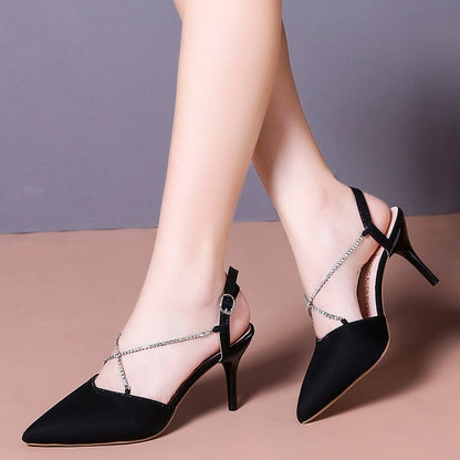 Sexy Rhinestone Buckle Garden Shoes 2022 Summer New Pointed Toe Suede Women&#39;s High Heels Fashion Black Party Banquet High Heels