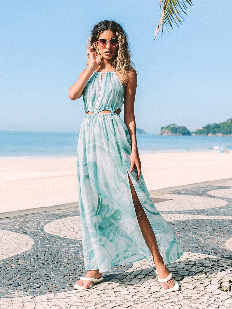 MISS PETAL Green Leafy Cutout Maxi Dress For Woman Sexy Cut Out Open Back Summer Holiday Long Dress 2022 New Beach Sundress