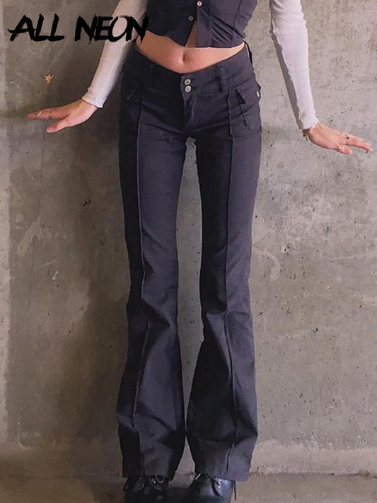 ALLNeon Indie Aesthetics Slim Low Waist Flare Pants E-girl Vintage Pockets Solid Y2K Pants Autumn 90s Fashion Black Trousers