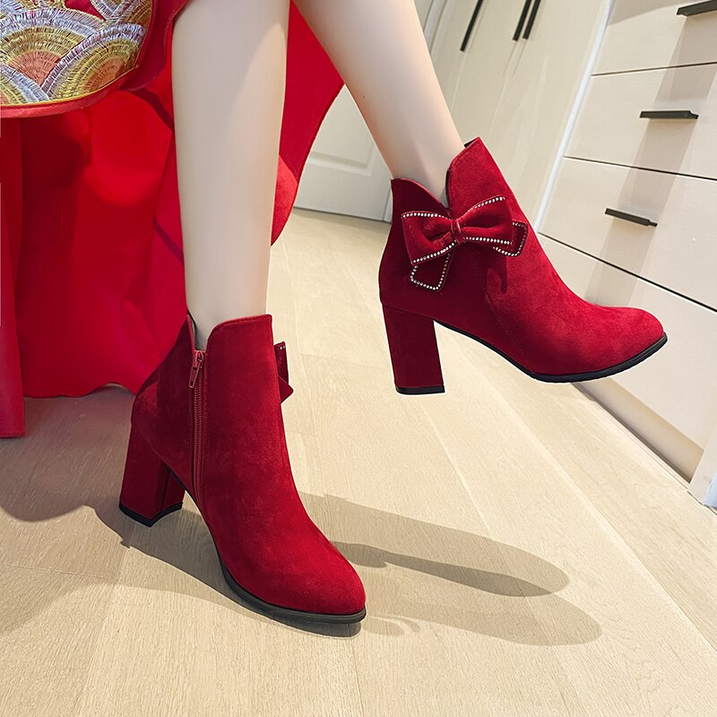 Women&#39;s Wedding High Heels Sexy Fashion Bow 2022 Winter New Warm Plush Ankle Boots Zipper Fleece Lined Pointed Toe Botas Mujer